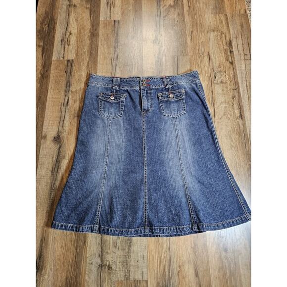 UNIONBAY Dresses & Skirts - Union Bay Vintage Denim Jean Flare Dress Size 13 Y2K Logo 100% Cotton